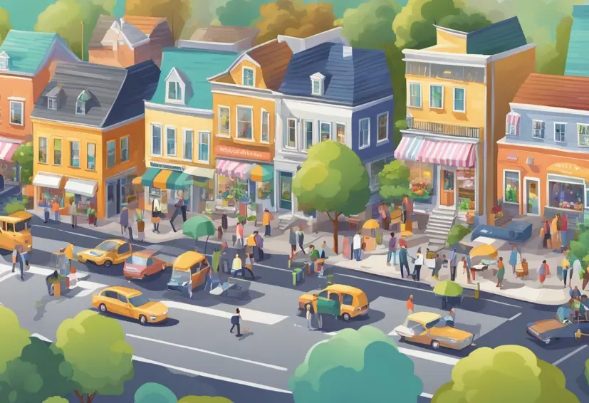 Town square with colourful buildings and cars.