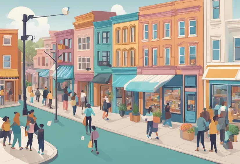 Townsfolk shopping at local town because of hyperlocal social media marketing efforts from storeowners.