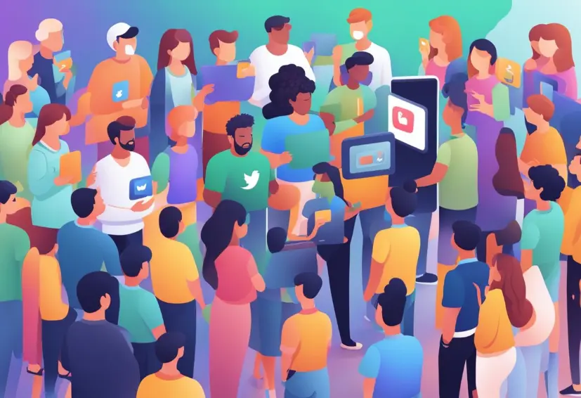 Many people huddle around with floating social media icons to show hyperlocal social media marketing targeting local audience.