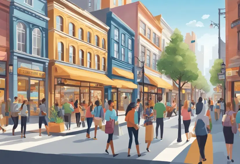 Many people leisurely strolling along colourful shop buildings.