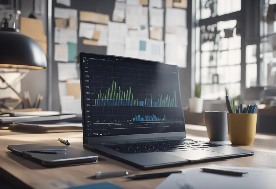 A table with a laptop, notebook, and pen. Charts and graphs on a whiteboard. Books on how to develop content marketing strategy in the background.
