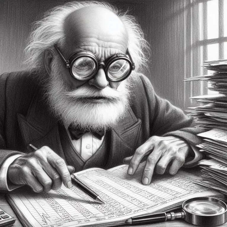 An elderly man working at a social media agency in Malaysia examining a business portfolio.