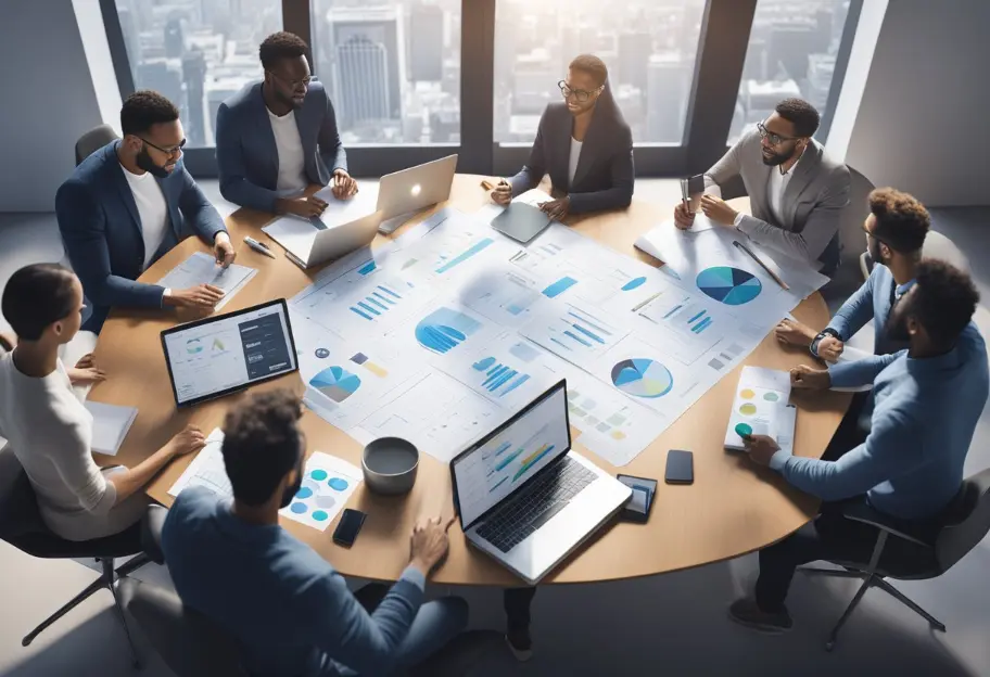 A group of people brainstorming and planning how to develop a content marketing strategy, with charts, graphs, and laptops on a conference table.