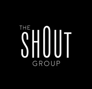 The Shout Group logo appears in white typography on a black background, representing one of the creative agencies in Malaysia within the advertising, branding, and communications industry.