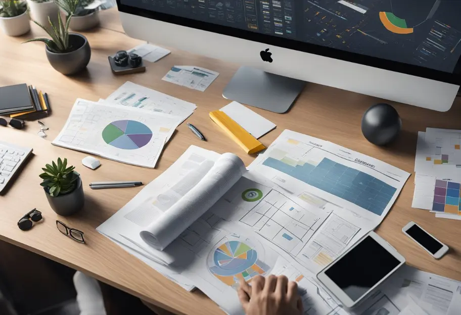 A person researching, brainstorming, and planning on how to develop a content marketing strategy with various tools and resources spread out on a desk.